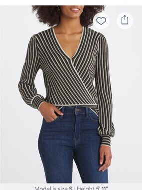 Fate Jakob Surplice Wrap sweater V-Neck Top in Black, Cream & iridescent
